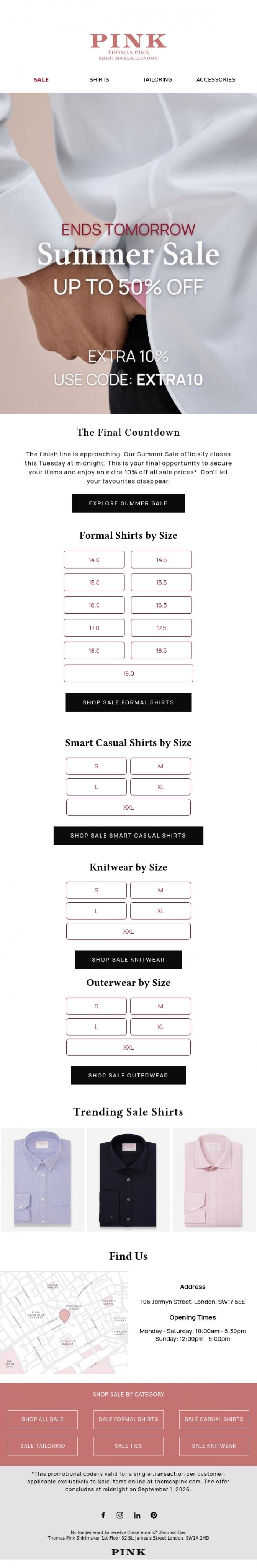 Email Design Inspiration from Thomas Pink Shirtmaker, Summer Sale Ends Tomorrow