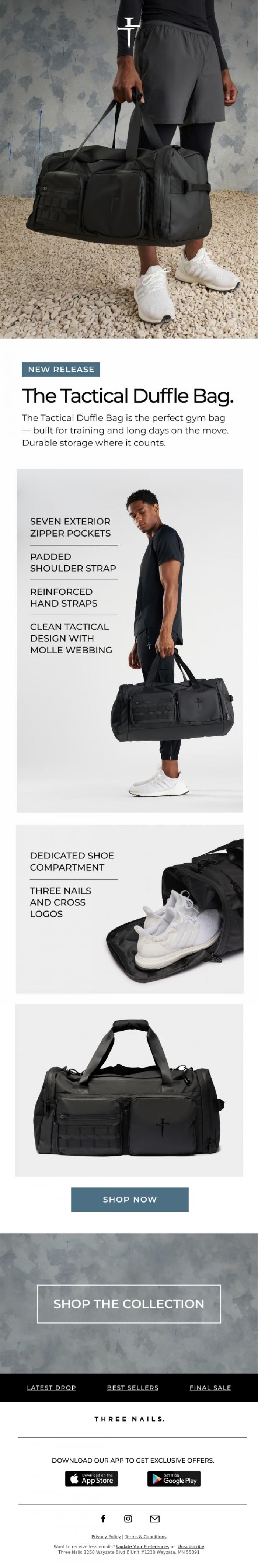 Email Design Inspiration from THREE NAILS., Meet Our First-Ever Duffle Bag