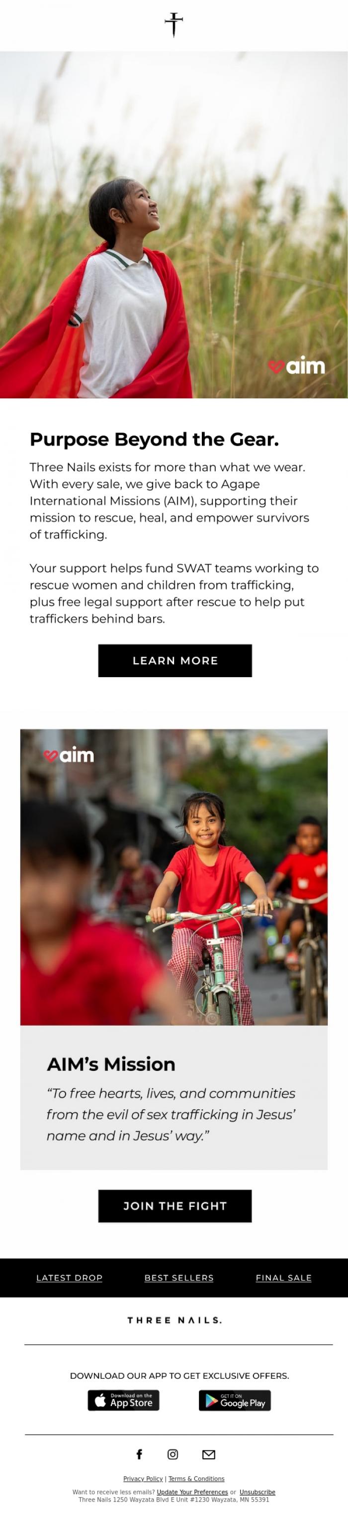 Email Design Inspiration from THREE NAILS., Wear The Message. Fund The Mission.