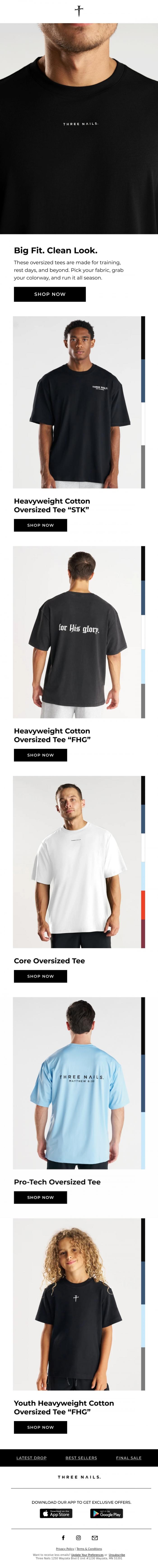 Email Design Inspiration from THREE NAILS., A Closer Look: Oversized Tees