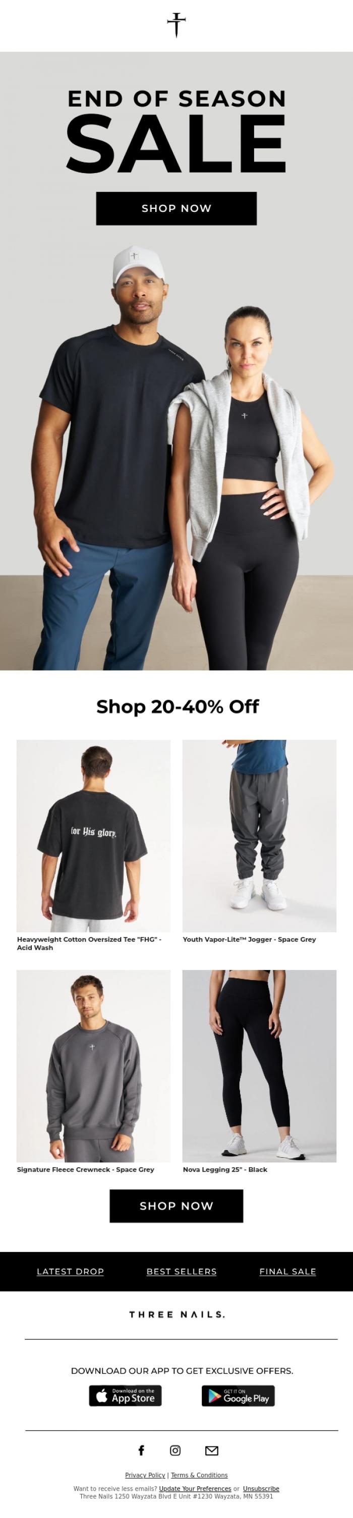 Email Design Inspiration from THREE NAILS., End Of Season Sale: 20-40% off