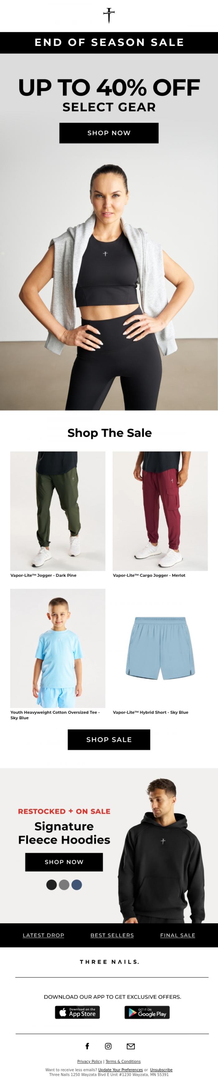 Email Design Inspiration from THREE NAILS., Signature Fleece Restocked - On Sale.