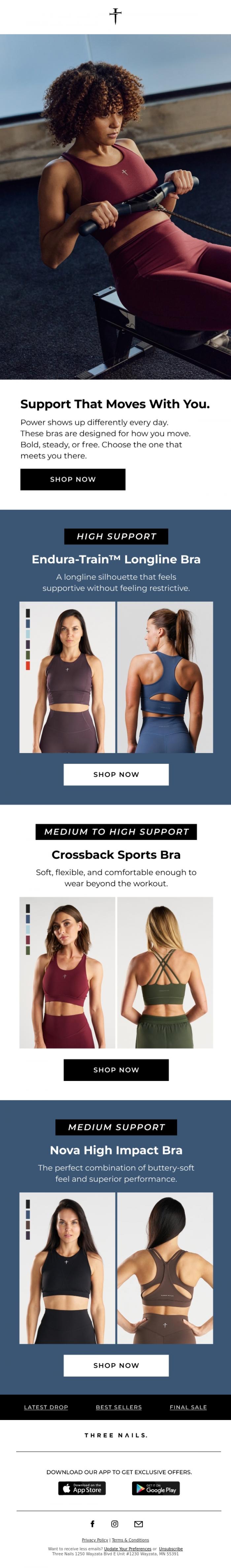 Email Design Inspiration from THREE NAILS., Support That Moves With You.
