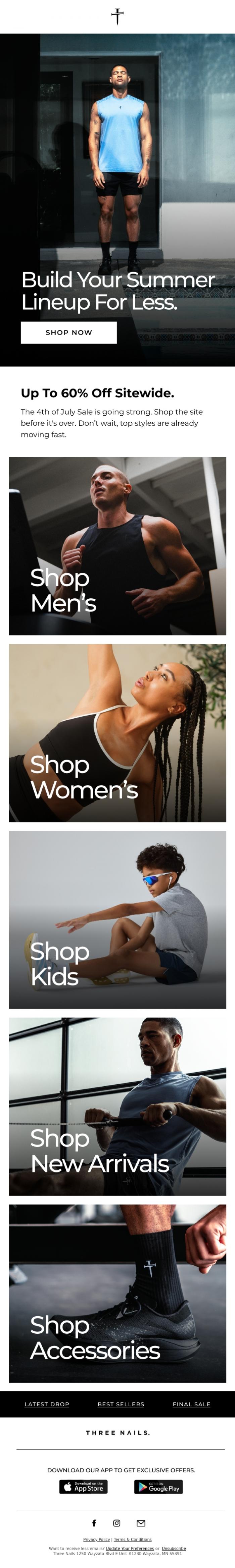 Email Design Inspiration from Three Nails., Every Category. Up to 60% Off.