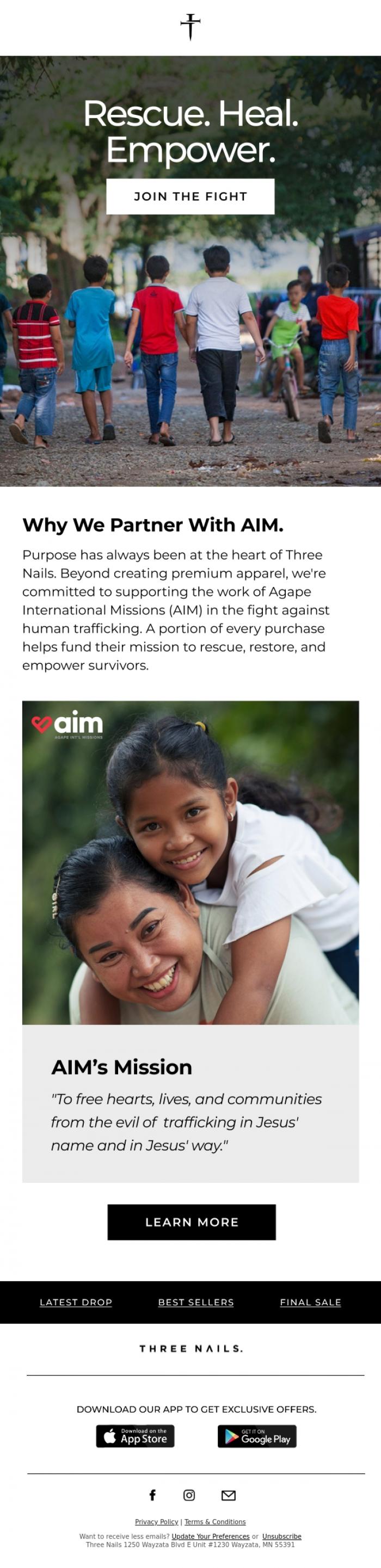 Email Design Inspiration from THREE NAILS., Our Nonprofit Partner: AIM.
