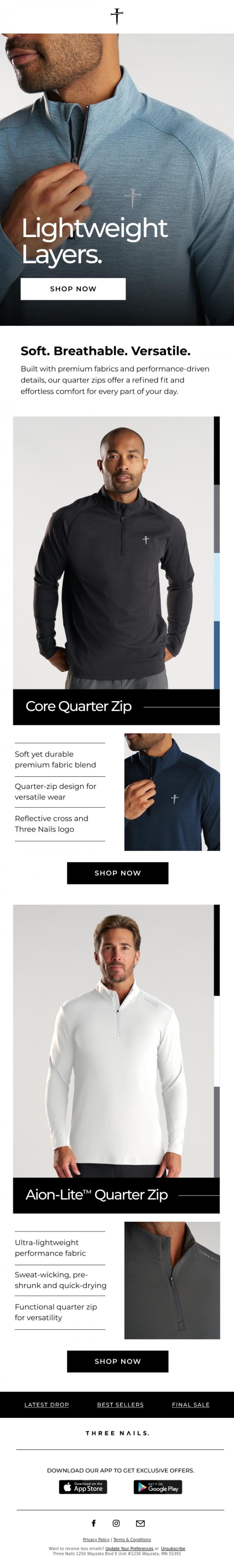 Email Design Inspiration from Three Nails., Layer Up. Stay Light.