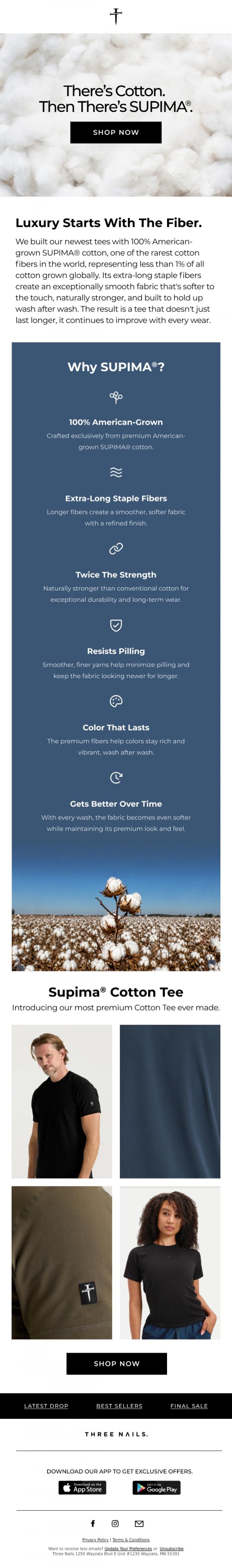 Email Design Inspiration from Three Nails., The World's Finest Cotton.