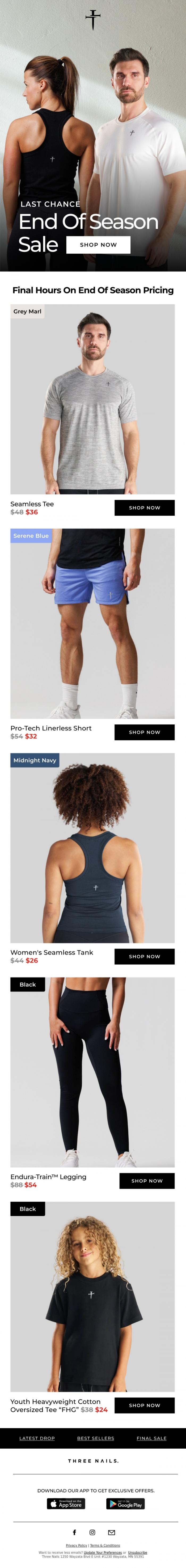 Email Design Inspiration from Three Nails., Last Chance. Up to 50% Off.