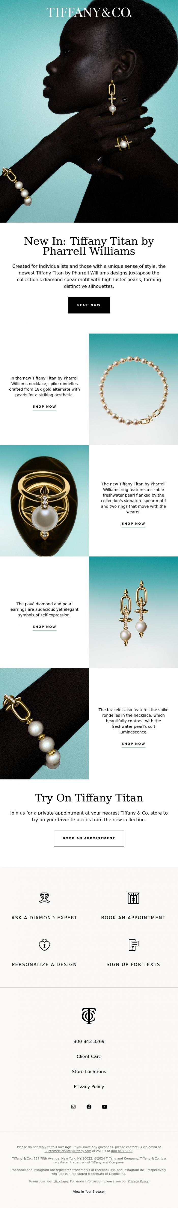Email Design Inspiration from Tiffany & Co., Pearl Jewelry Re-envisioned by Pharrell Williams, Crafted by Tiffany & Co.