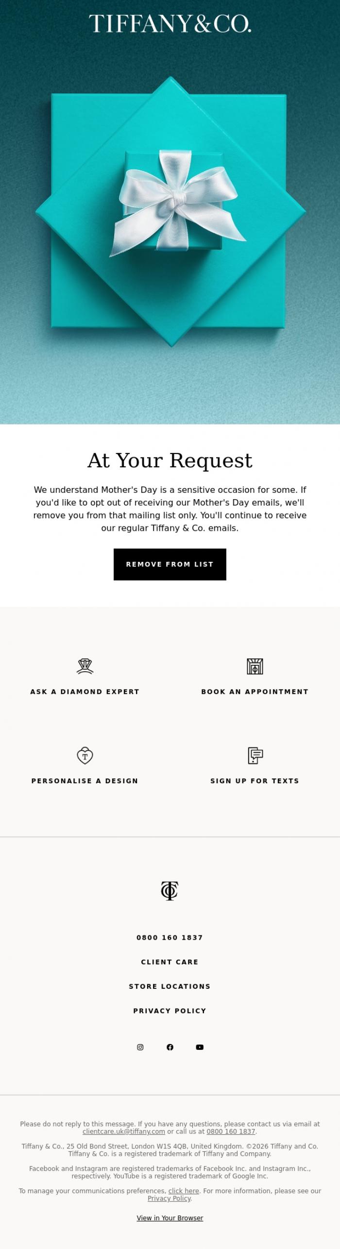 Email Design Inspiration from Tiffany & Co., Would You Like to Be Removed from Our Mother's Day Mailing List?
