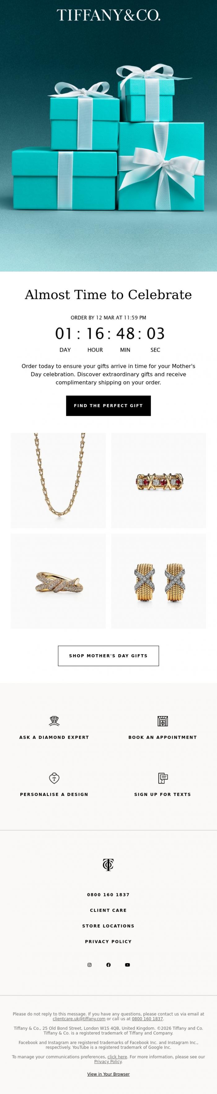 Email Design Inspiration from Tiffany & Co., Two Days Left for Complimentary Mother's Day Shipping
