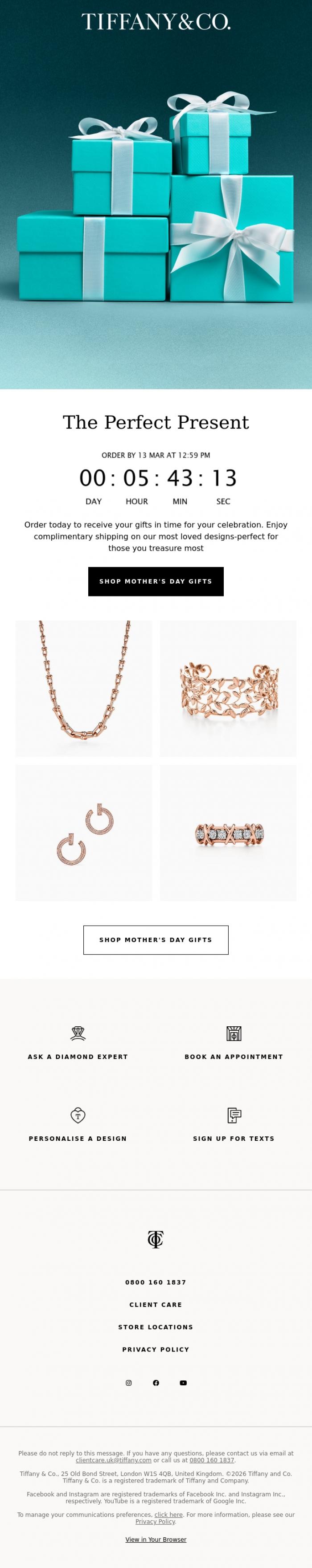 Email Design Inspiration from Tiffany & Co., Last Day for Complimentary Mother's Day Shipping