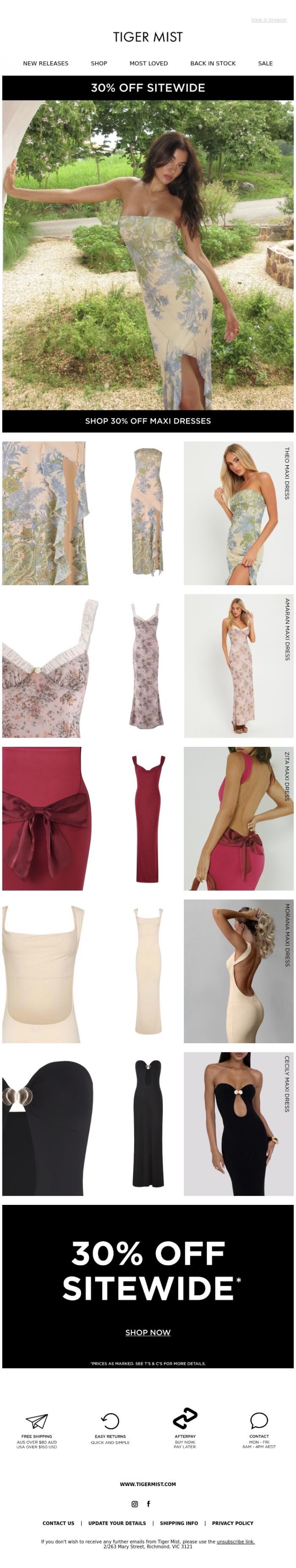 Email Design Inspiration from Tiger Mist, Babe, Your Next Event Sorted 🔥 Shop 30% Off Maxi Dresses!