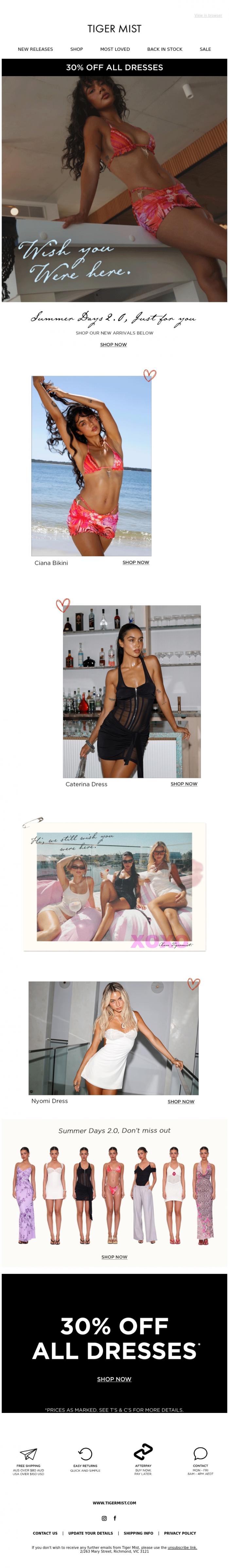 Email Design Inspiration from Tiger Mist, Wish you were here 🏝️ Shop NEW