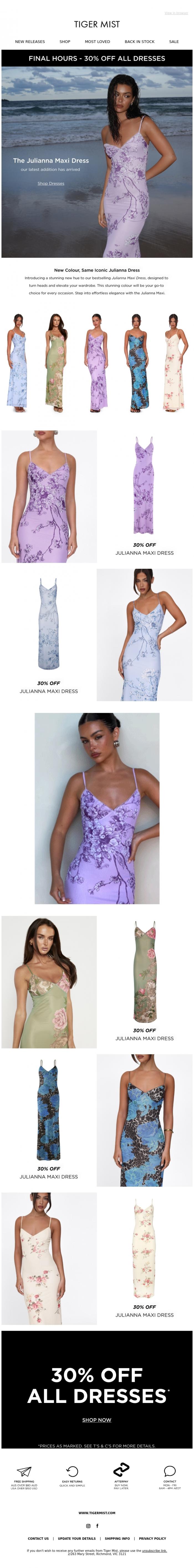 Email Design Inspiration from Tiger Mist, New Colour, Same Iconic Julianna Maxi Dress 💜