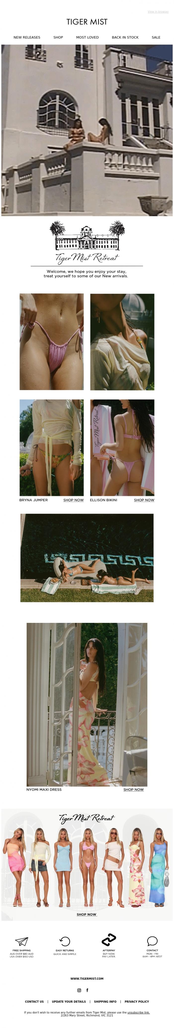 Email Design Inspiration from Tiger Mist, Babe, Welcome to Tiger Mist Retreat | Check In is Ready 🔑