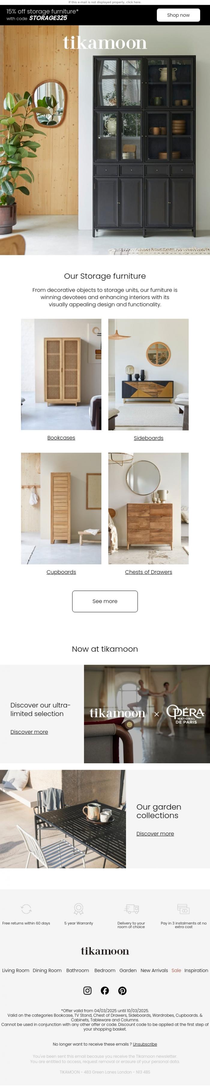 Email Design Inspiration from Tikamoon, 15% off storage furniture until Monday