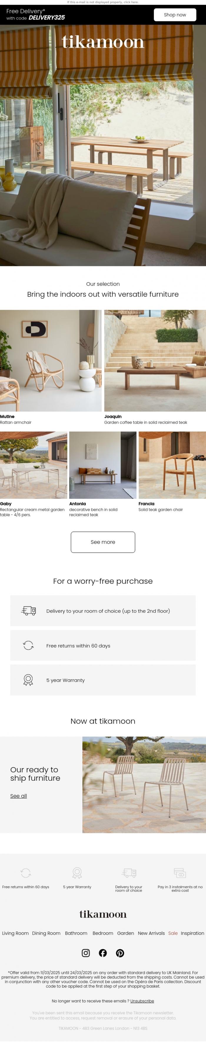 Email Design Inspiration from Tikamoon, Inside & Out trend: furnish to suit your mood