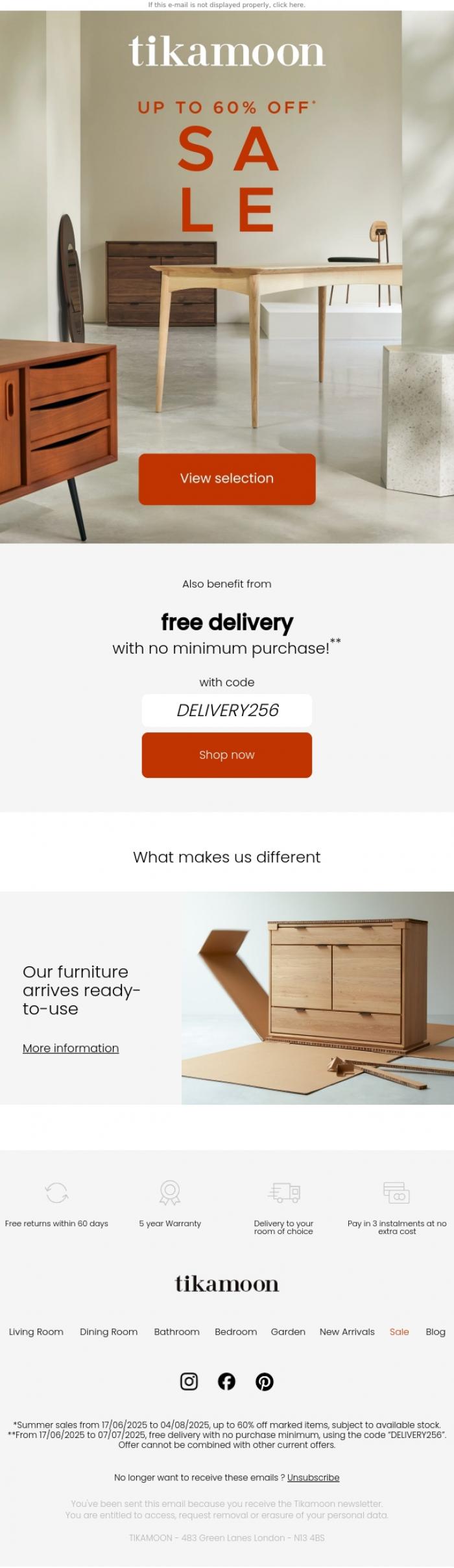 Email Design Inspiration from Tikamoon, SALE | Up to 60% off, with free delivery ☀️