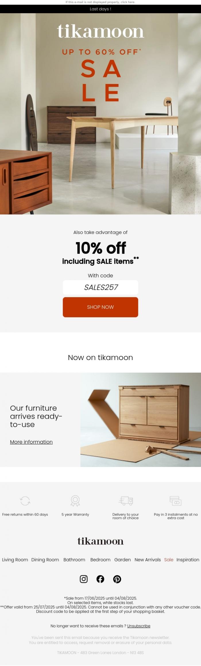 Email Design Inspiration from Tikamoon, ⏳5-day countdown | Up to 60% off sale almost over!