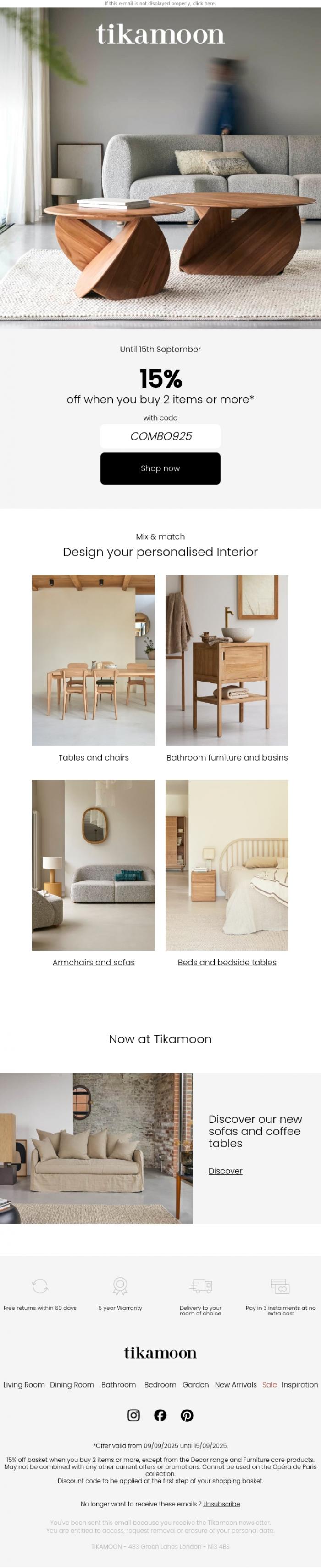 Email Design Inspiration from Tikamoon, 15% off when you buy 2 items or more: build your duo!