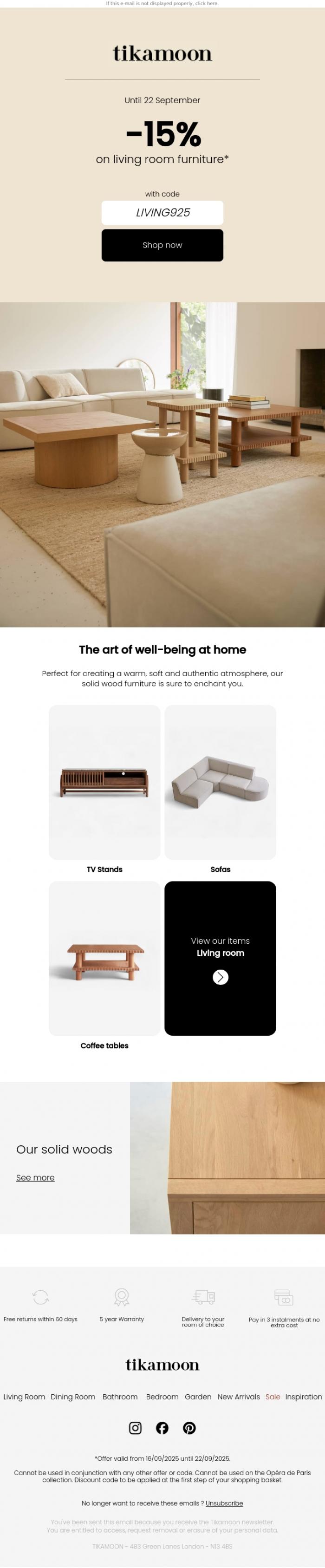 Email Design Inspiration from Tikamoon, 🛋️ 15% off to style your living room