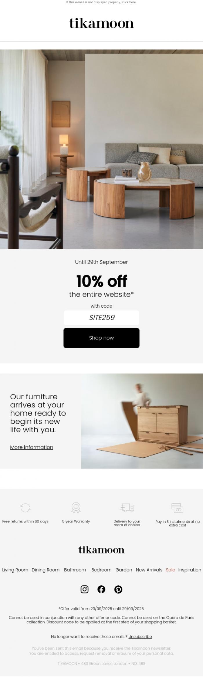 Email Design Inspiration from Tikamoon, Until Monday, 10% off the entire website!