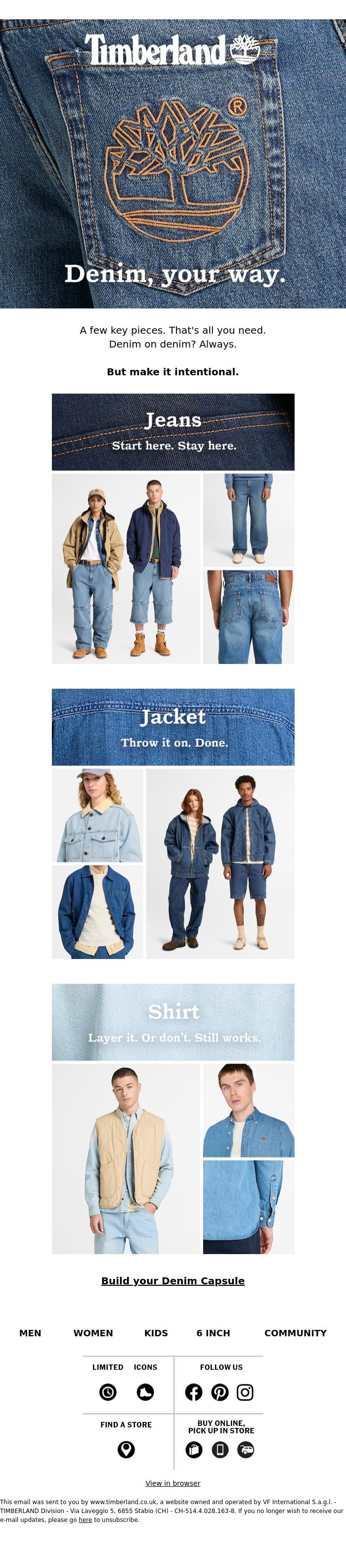 Email Design Inspiration from Timberland, No chaos. Just good denim