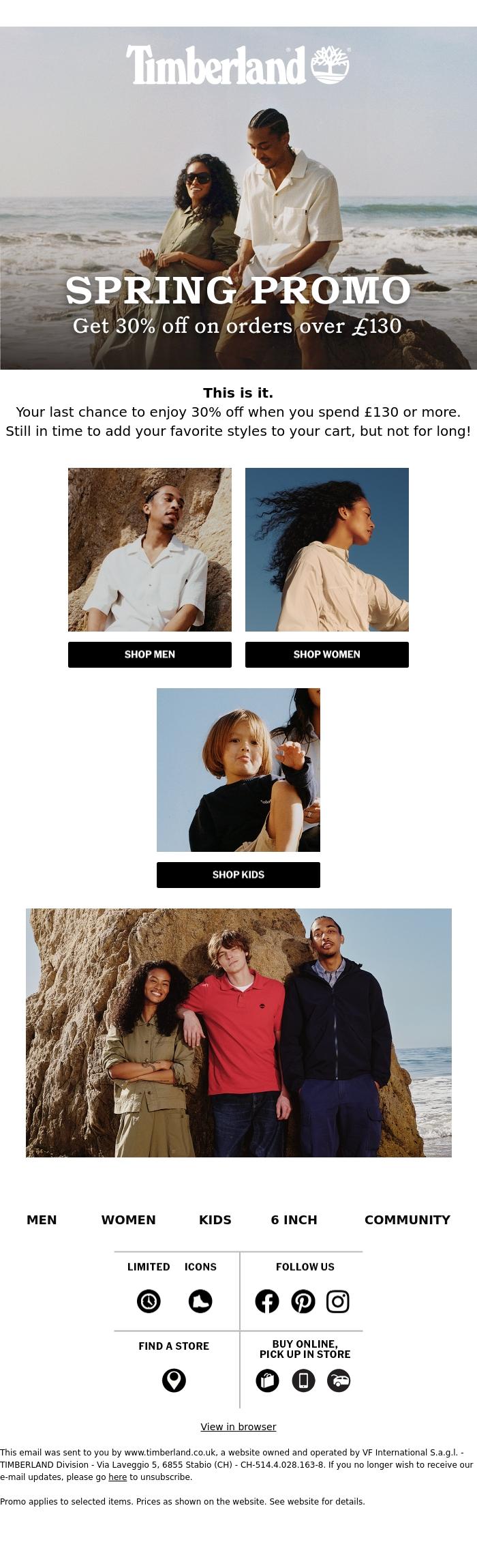 Email Design Inspiration from Timberland, Last chance: 30% off 🧨