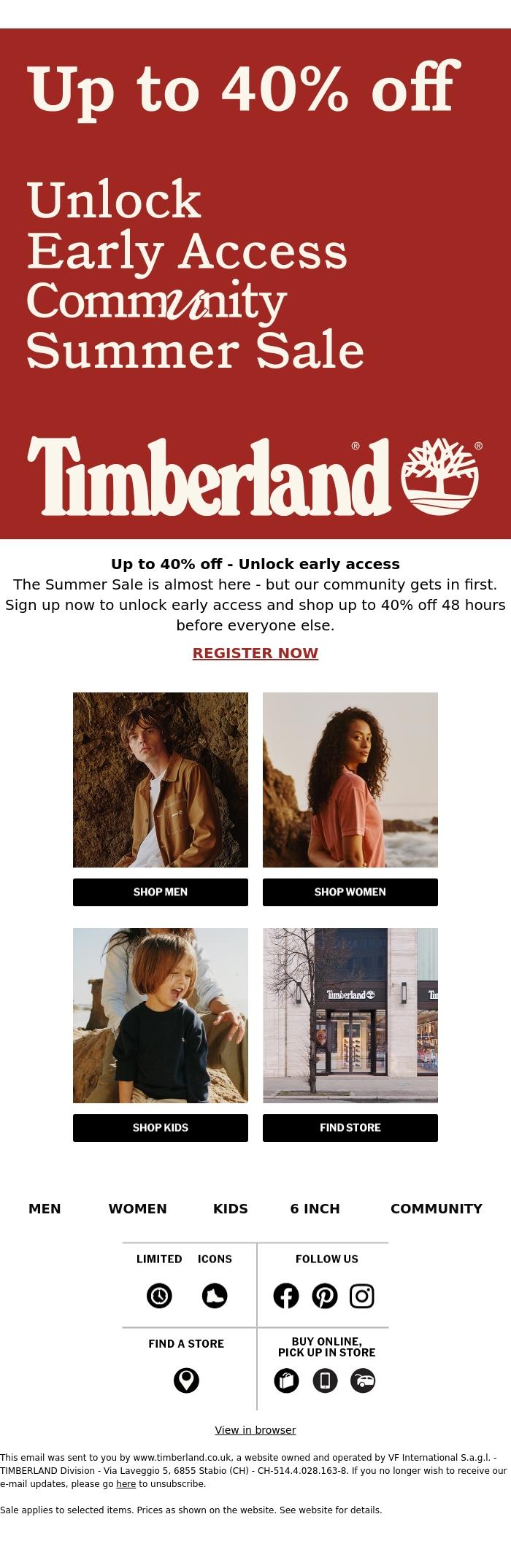 Email Design Inspiration from Timberland, Unlock up to 40% off - Don't miss out☀️