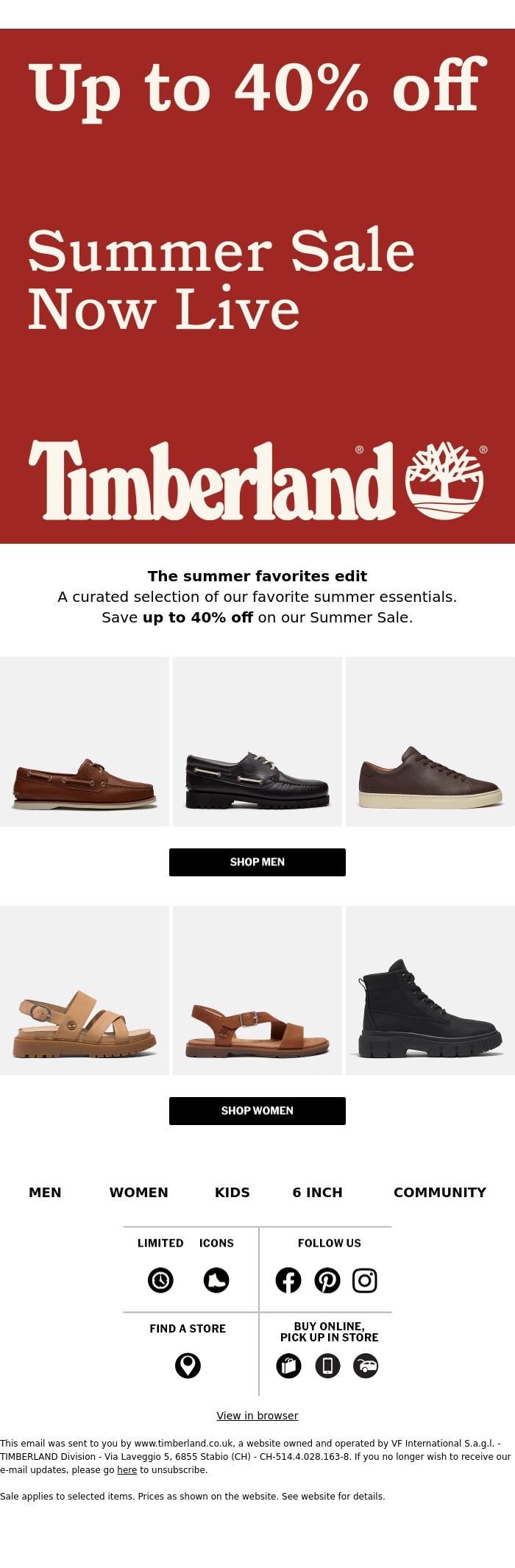 Email Design Inspiration from Timberland, Our summer favorites on sale up to 40% off