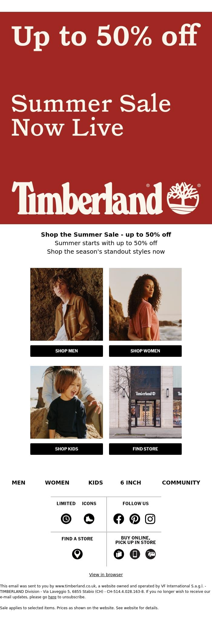 Email Design Inspiration from Timberland, Summer Sale continues, with up to 50% off