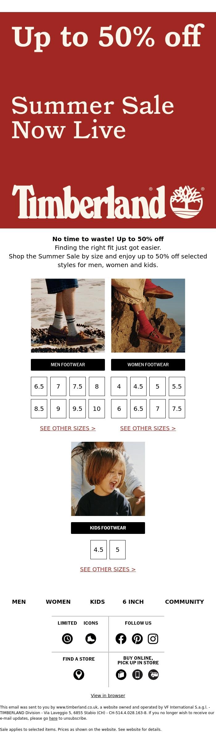 Email Design Inspiration from Timberland, No time to waste! 😍 Up to 50% off