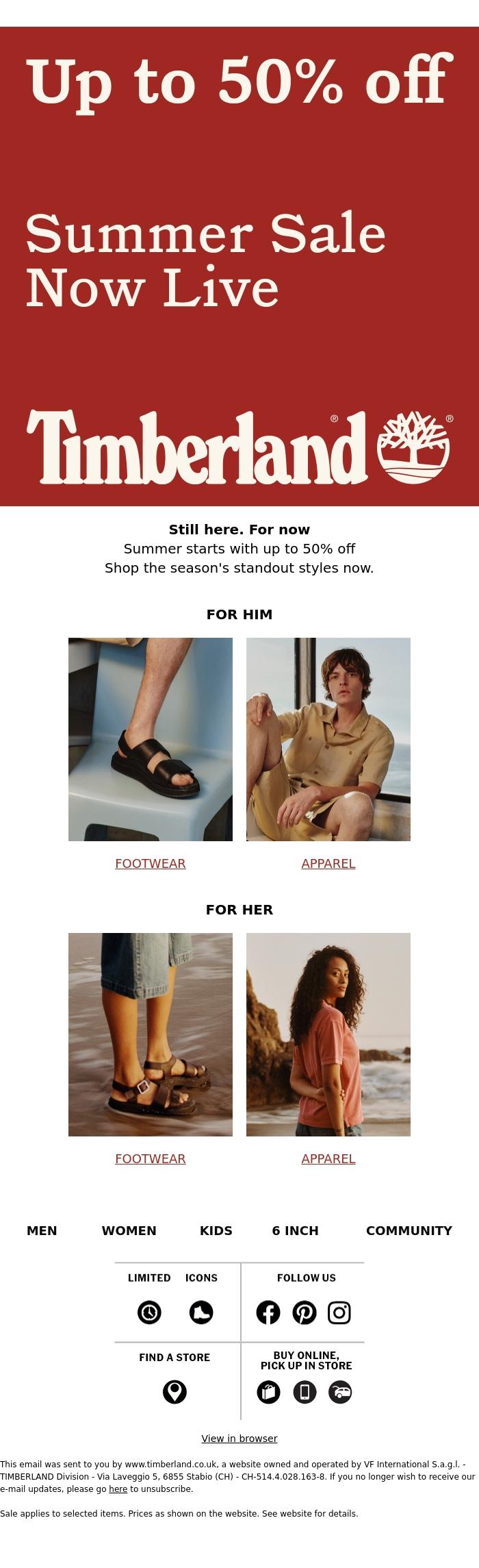 Email Design Inspiration from Timberland, Up to 50% off - while stock last