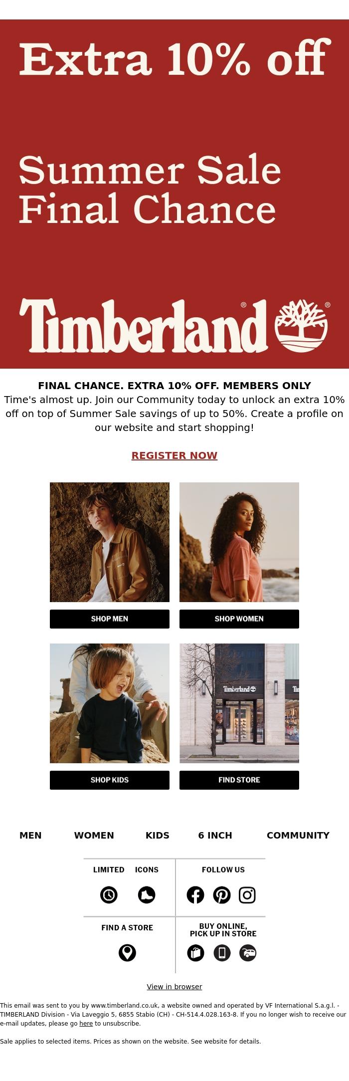 Email Design Inspiration from Timberland, Last chance to unlock an extra 10% off! ⏰