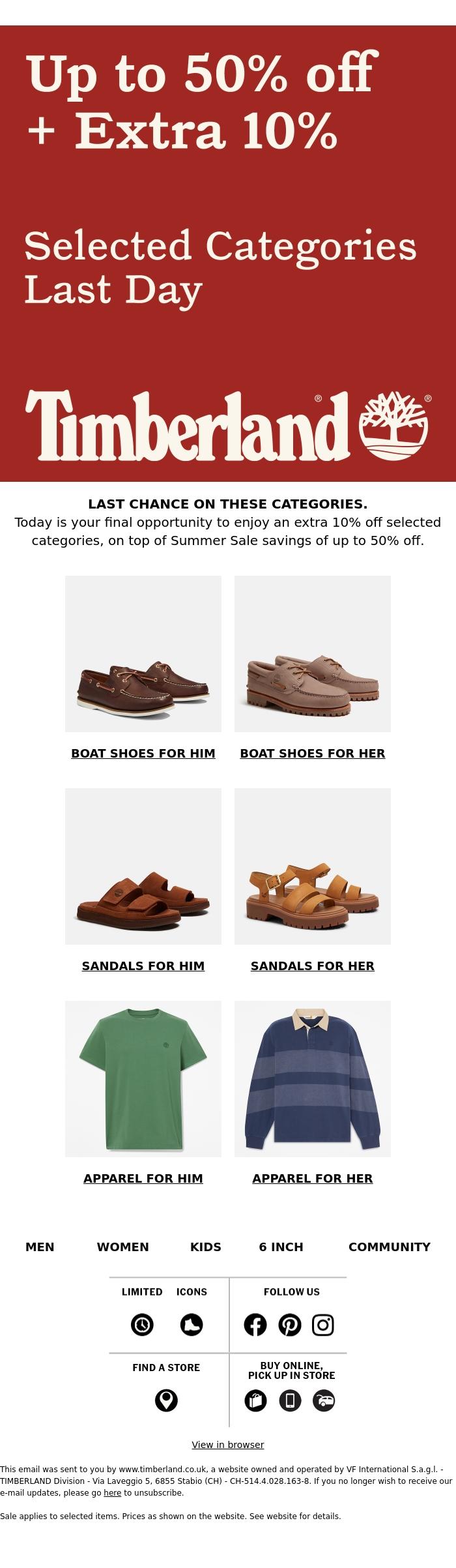 Email Design Inspiration from Timberland, Last chance: Up to 50% off + an extra 10%