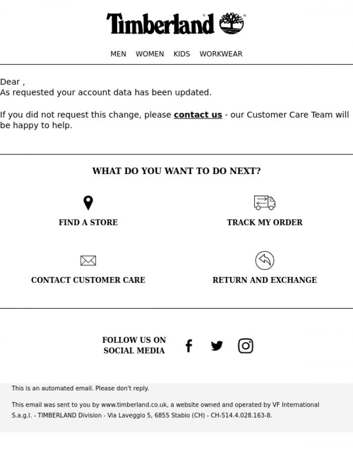Email Design Inspiration from Timberland, Your Timberland profile has been updated!