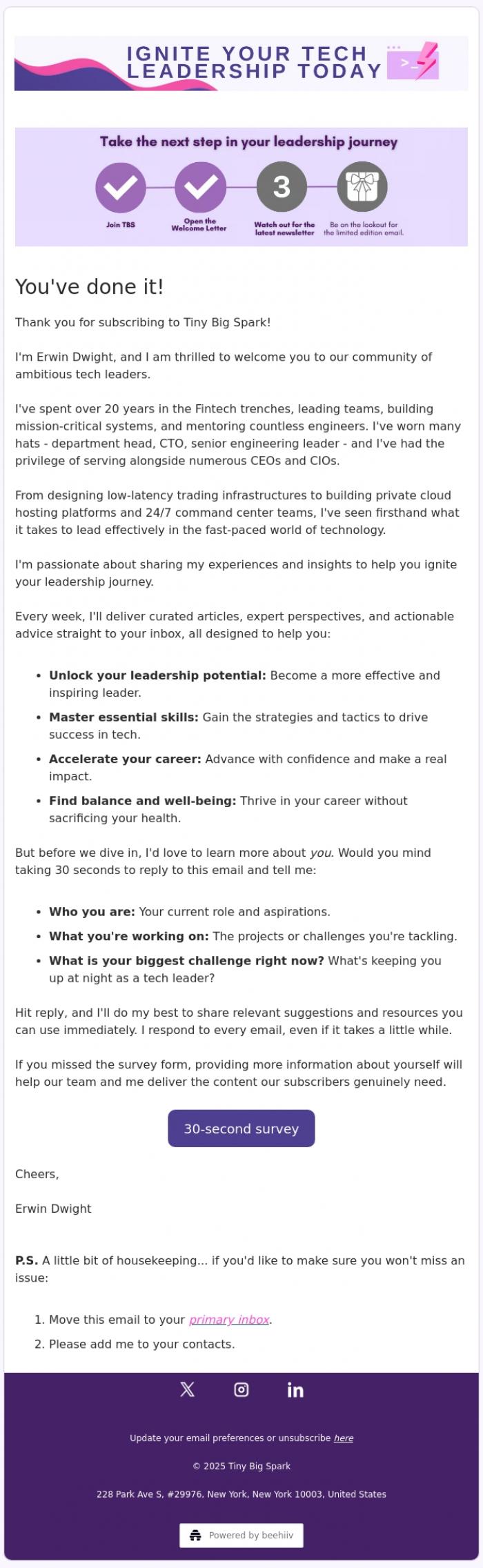 Email Design Inspiration from Tiny Big Spark, The Leadership Secret Nobody's Talking About 🎯