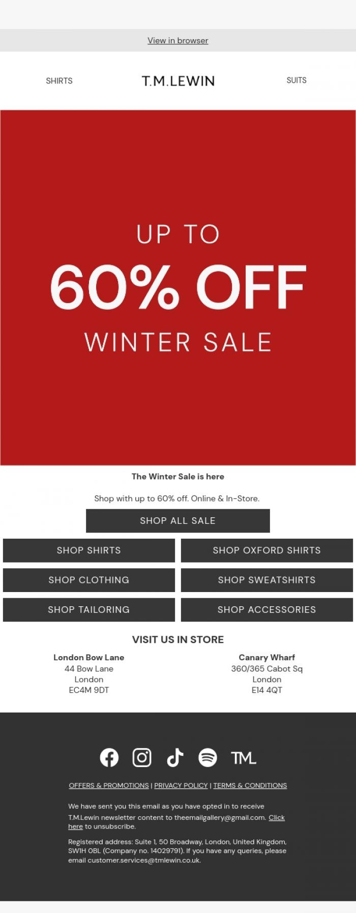 Email Design Inspiration from T.M.Lewin, Up to 60% off | Winter Sale Now Live