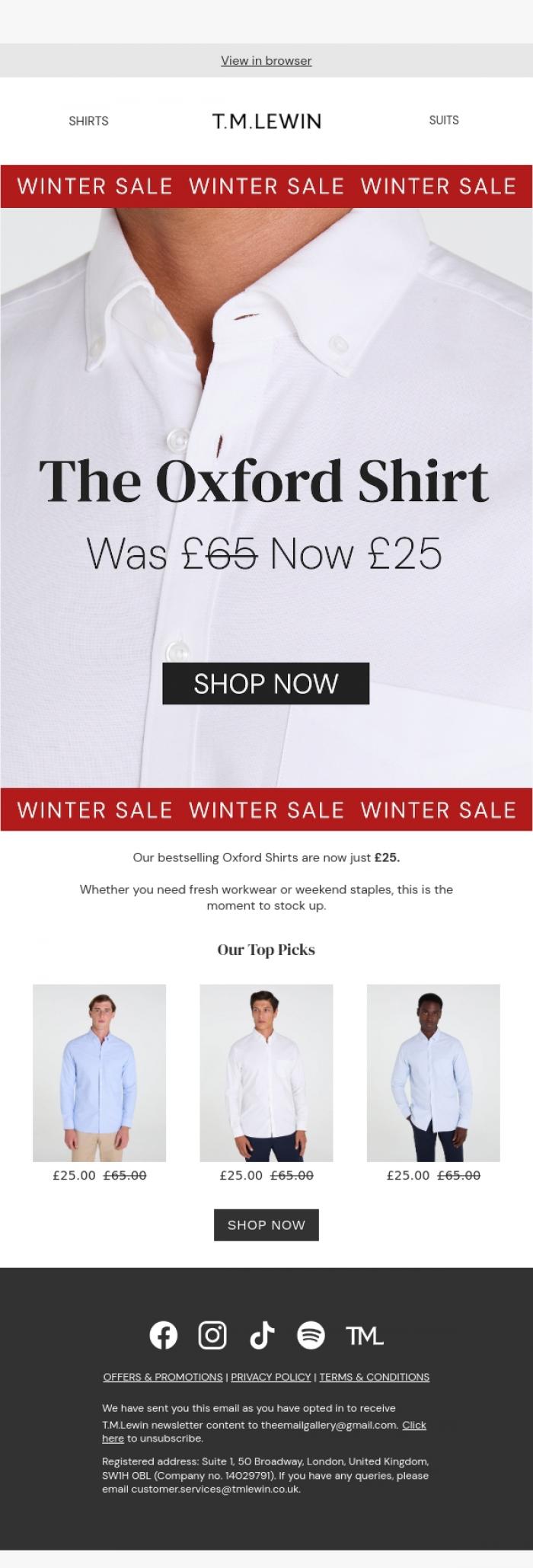 Email Design Inspiration from T.M.Lewin, Oxford Shirts From &pound;25