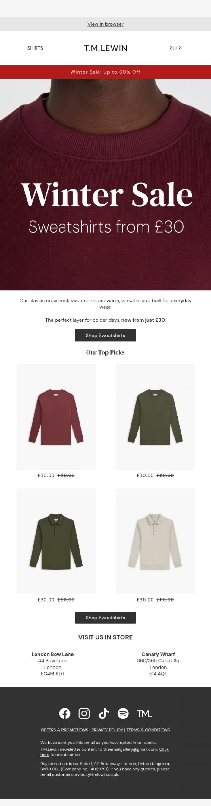 Email Design Inspiration from T.M.Lewin, Sweatshirts Now From &pound;30