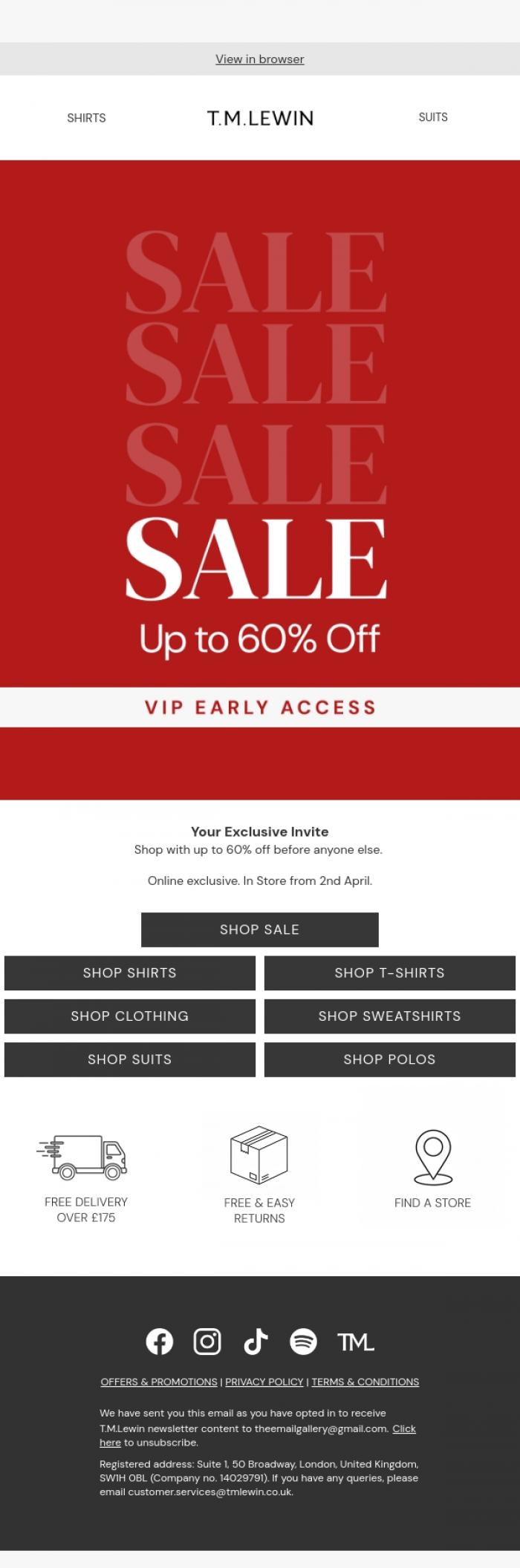 Email Design Inspiration from T.M.Lewin, Sale Up to 60% off | Early Access