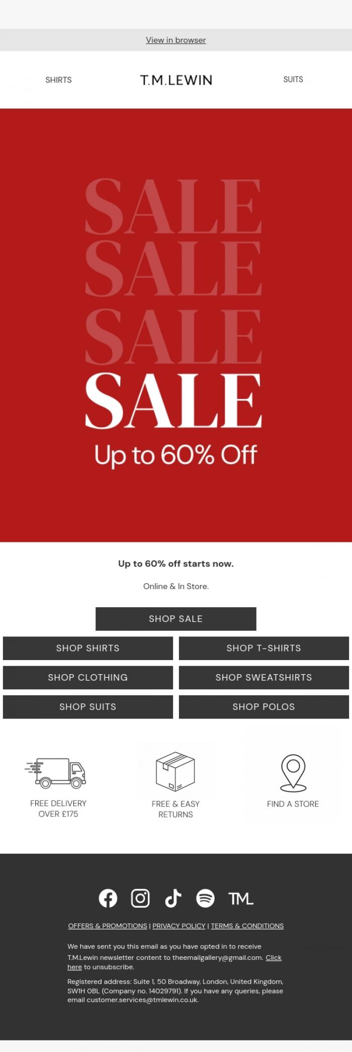 Email Design Inspiration from T.M.Lewin, Sale | Up to 60% off