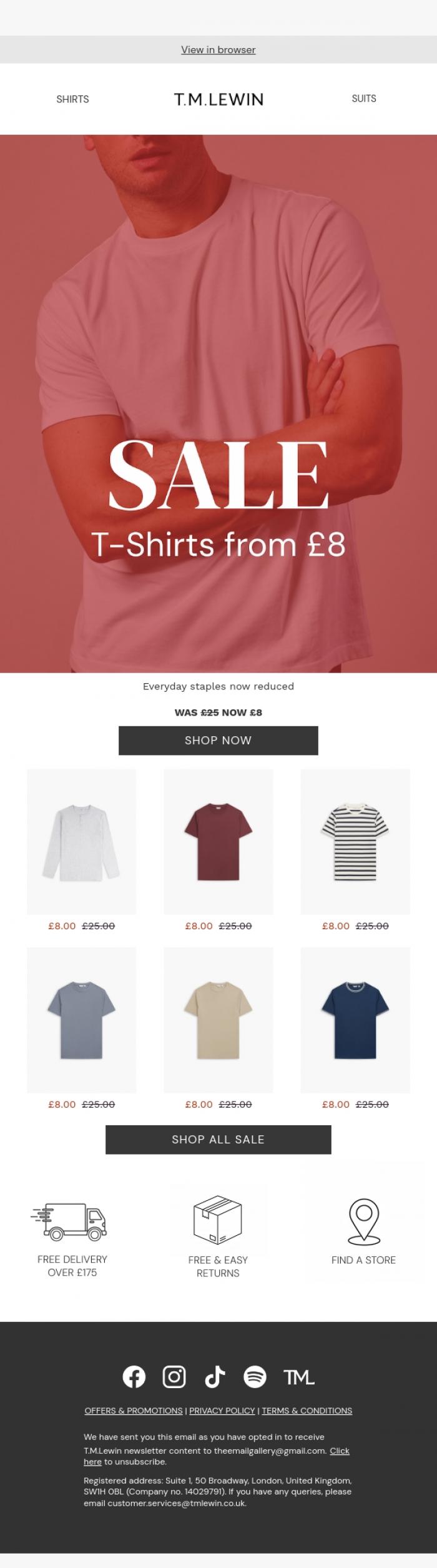 Email Design Inspiration from T.M.Lewin, Mid-Season Sale | T-Shirts from &pound;8