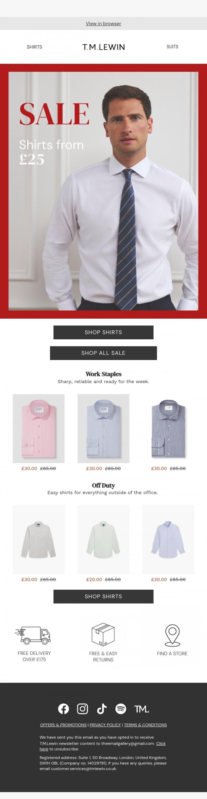 Email Design Inspiration from T.M.Lewin, Sale | Shirts from &pound;25