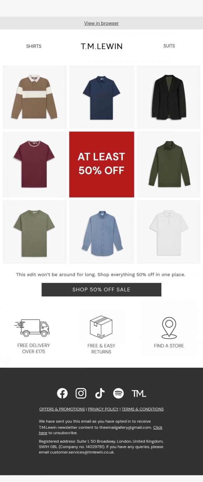 Email Design Inspiration from T.M.Lewin, Everything inside is 50% off (or more)