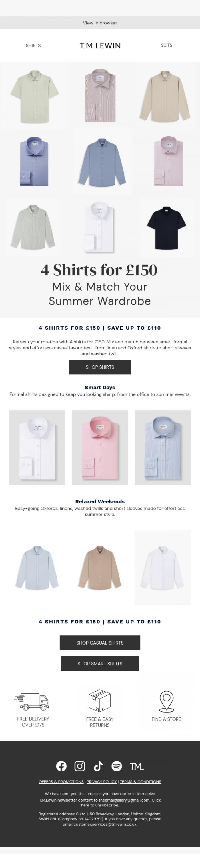 Email Design Inspiration from T.M.Lewin, Mix & Match Your Summer Shirts | 4 for &pound;150