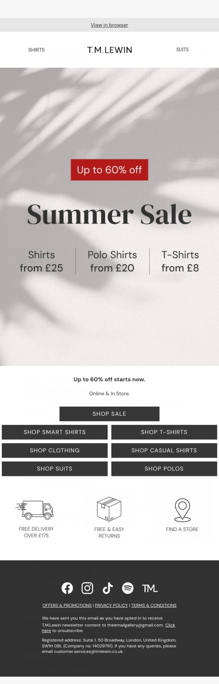 Email Design Inspiration from T.M.Lewin, Summer Sale | Up to 60% off