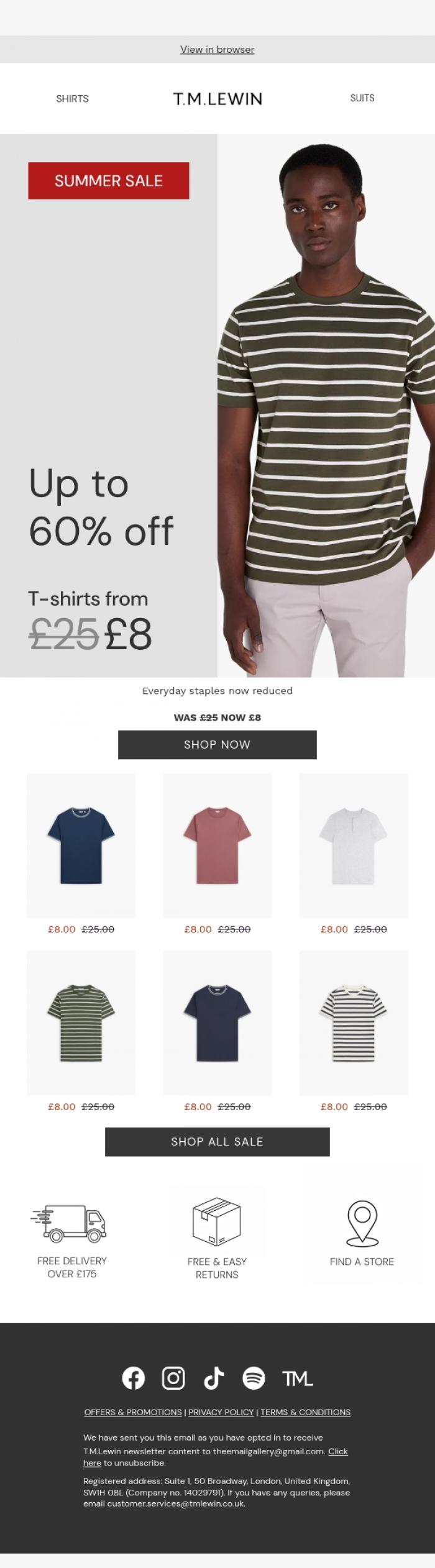 Email Design Inspiration from T.M.Lewin, Summer Sale | T-Shirts from &pound;8