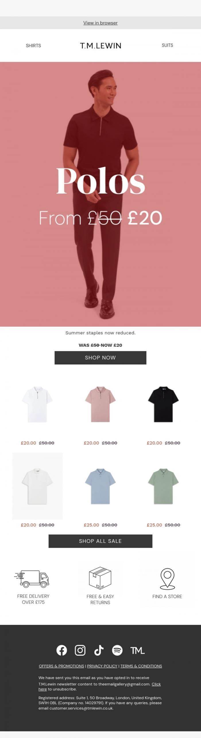 Email Design Inspiration from T.M.Lewin, Summer Sale | Polo Shirts from &pound;20